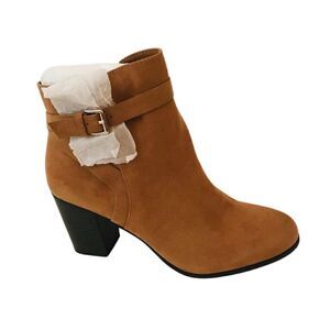 New! Faux Suede Block Heel Buckle Ankle Tan Boots Booties